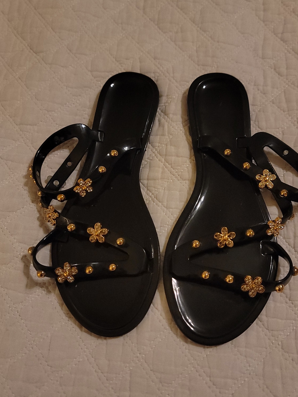 Black Jelly Slide Sandals with Gold Floral Accents - Women